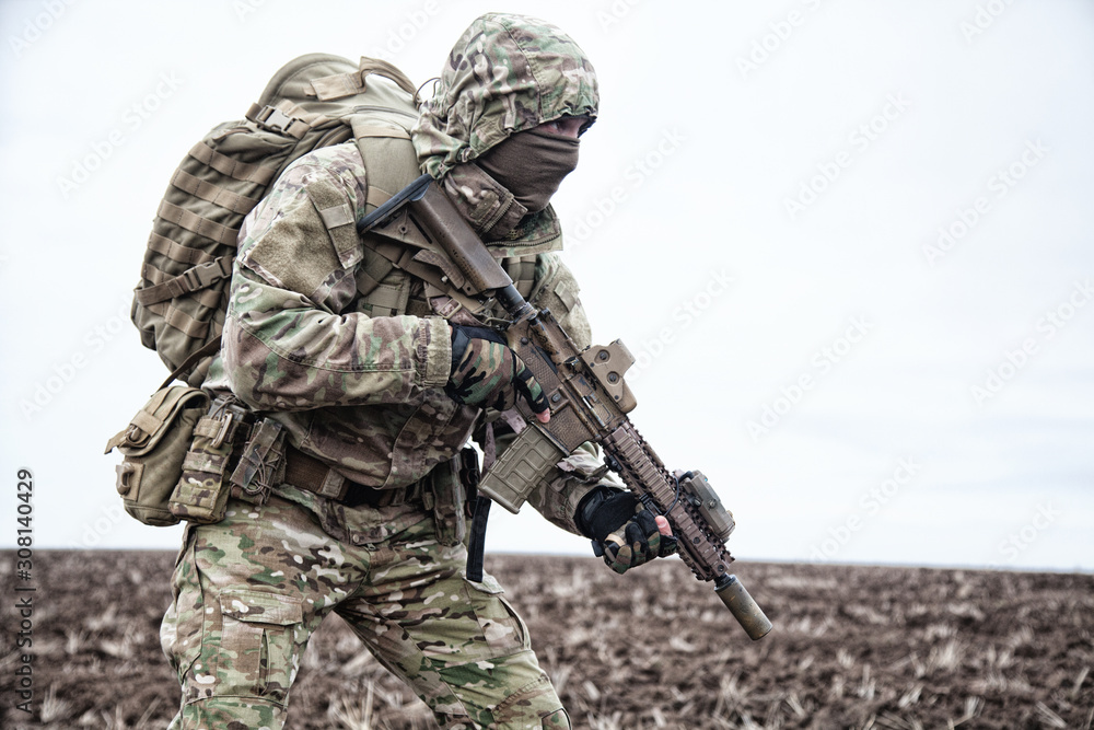 Portrait of modern army infantryman on march Portrait of modern army infantryman on march