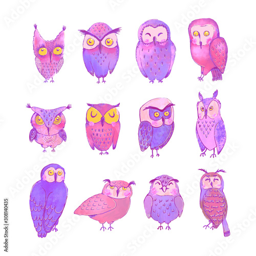 Vector colorful set with illustrations of cute owls isolated on white background. Can be used as elemets for your design for greeting cards, nursery, poster, card, birthday party, packaging paper