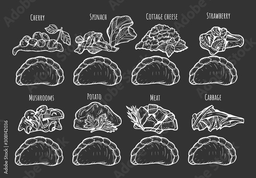 illustration of dumplings with different fillings on black background.