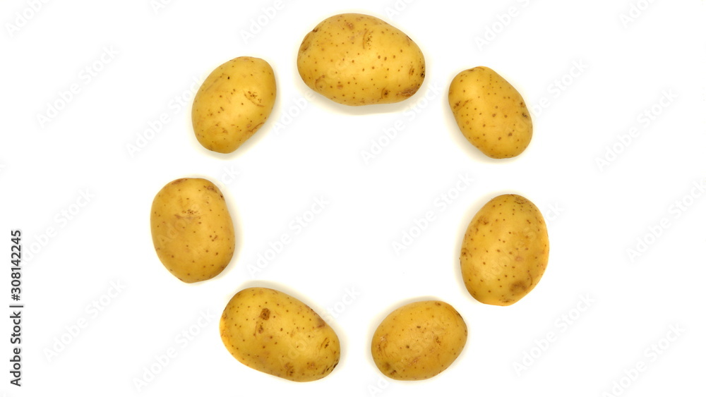 Young white potato, top view. Isolated potatoes on a white background. Fresh food for vegetarians. Raw vegetable, root vegetable. Photo harvesting potatoes for a designer. Young white potato, top view. Isolated potatoes on a white background. Fresh food for vegetarians. Raw vegetable, root vegetable. Photo harvesting potatoes for a designer.