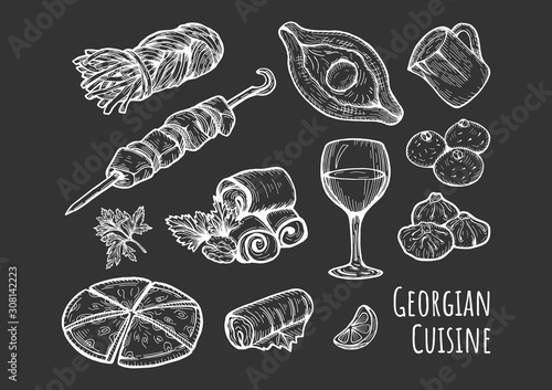 Georgian cuisine set on black background.