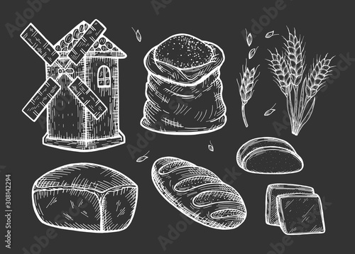 bread making set on black background. photo