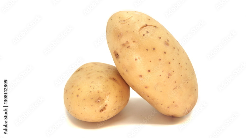 Young white potato, top view. Isolated potatoes on a white background. Fresh food for vegetarians. Raw vegetable, root vegetable. Photo harvesting potatoes for a designer. Young white potato, top view. Isolated potatoes on a white background. Fresh food for vegetarians. Raw vegetable, root vegetable. Photo harvesting potatoes for a designer.