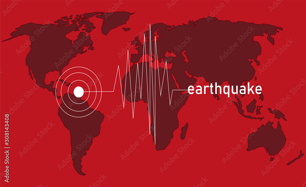 Earthquake sign on world map . Earthquake center point Earthquake sign on world map . Earthquake center point