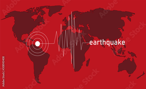 Earthquake sign on world map  . Earthquake center point