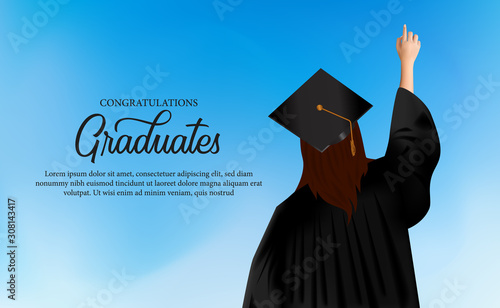 congratulation academy concept with women put on gown and graduation caps
