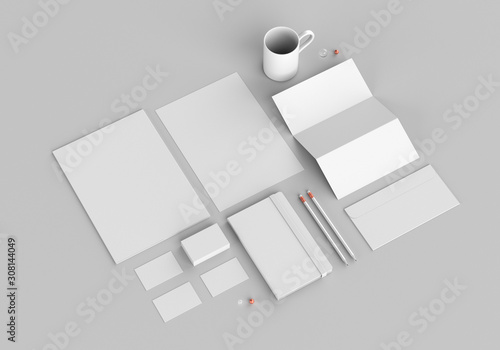 Base white stationery mockup template for branding identity on gray background for graphic designers presentations and portfolios. 3D rendering.