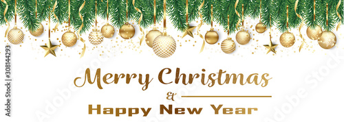 Bannière ou carte de noël et nouvel an - Merry Christmas and Happy new year sapin boules dorés – serpentin étoile confettis fond blanc