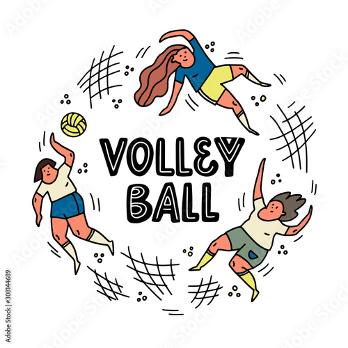 Volleyball players with ball and net hand drawn illustration. Female athletes doodle drawing. Active lifestyle concept. T shirt print, textile design