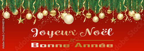 Bannière ou carte de noël et nouvel an - Merry Christmas and Happy new year sapin boules dorés – serpentin étoile confettis fond rouge