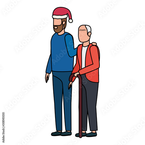 cute grandfather with young son using christmas hat