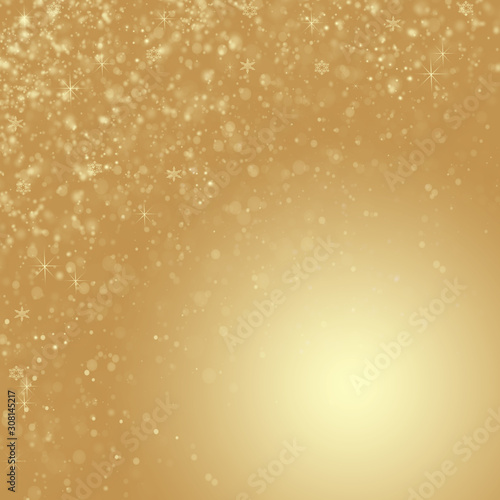 It's Christmas time! A golden Christmas background of unfocused light with glittering stars and snowflakes.