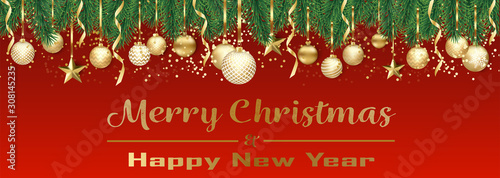 Bannière ou carte de noël et nouvel an - Merry Christmas and Happy new year sapin boules dorés – serpentin étoile confettis fond rouge