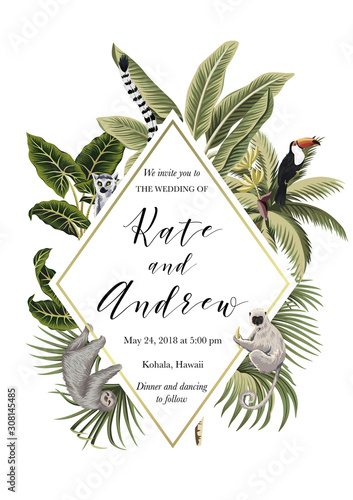 Tropical vintage floral palm trees, leaves, toucan and animals wedding invitation. Geometric vector card.