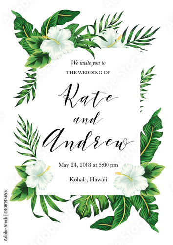 Tropical white hibiscus floral palm leaves wedding invitation. Rectangle vector card.