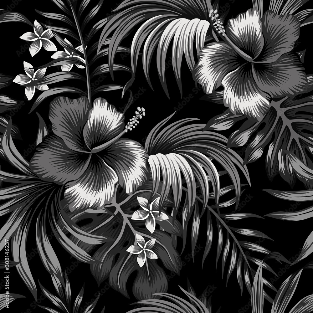 Tropical dark night hibiscus floral palm leaves seamless pattern black background. Exotic summer  wallpaper.