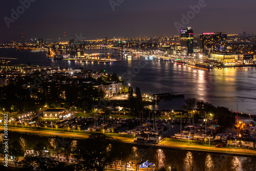 Nightly view from the A'dam Lookout across the IJ river and the city of Amsterdam