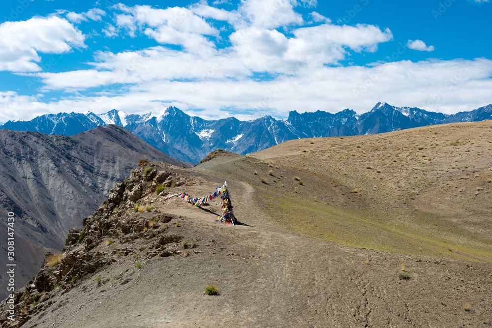 Ladakh, India - Aug 23 2019 - Mebtak La Pass 3840m view from Between Hemis Shukpachan and Tingmosgang (Temisgam) in Sham Valley, Ladakh, Jammu and Kashmir, India.