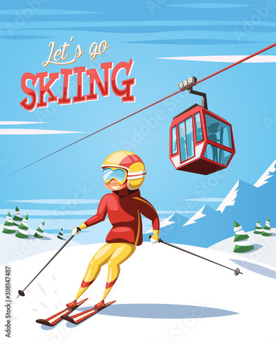 Skier on ski slope , cable car and mountains in background