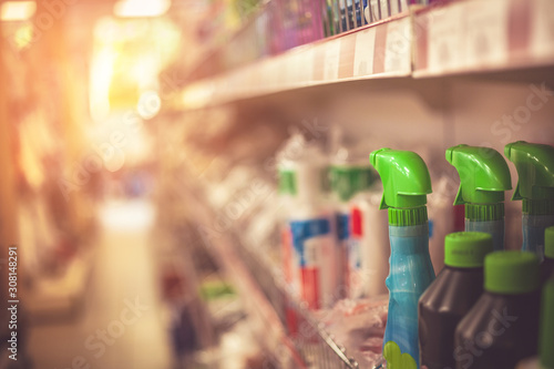 Cleaning products, sprays and cans on supermarket shelf © bdavid32