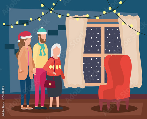 cute grandmother with young couple using christmas hat