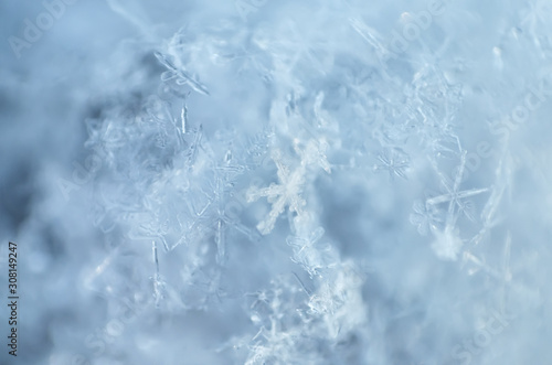 Defocused macro photography of snowflakes as a natural winter background in light blue. Shallow depth of field, close-up.