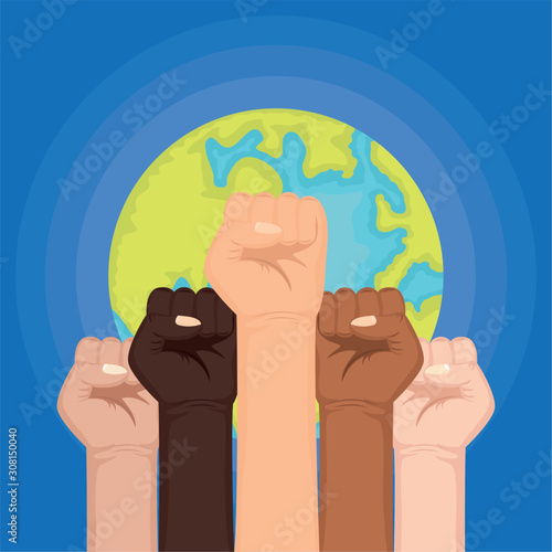 interracial hands fist with world planet earth