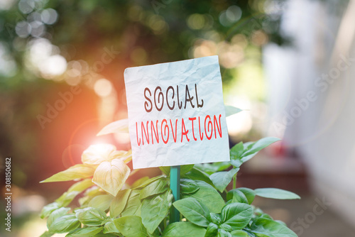 Word writing text Social Innovation. Business photo showcasing practices that aim to meet social needs in a better way Plain empty paper attached to a stick and placed in the green leafy plants