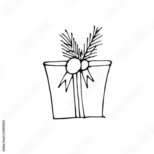Vector outline gift icons. Black and white line box with christmas tree branches, isolated illustration. Trendy design elements for holiday and new year greeting card, voucher, flyer, banner