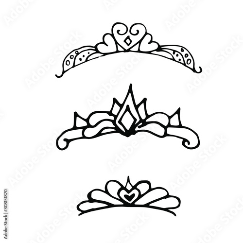 Cute doodle set of princess crown elements. Hand drawn vector illustration. Birthday, New Year's wedding elements for greeting cards, posters, stickers decoration decor. Isolated on white background