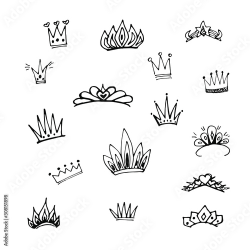 Cute doodle set of princess crown elements. Hand drawn vector illustration. Birthday, New Year's wedding elements for greeting cards, posters, stickers decoration decor. Isolated on white background