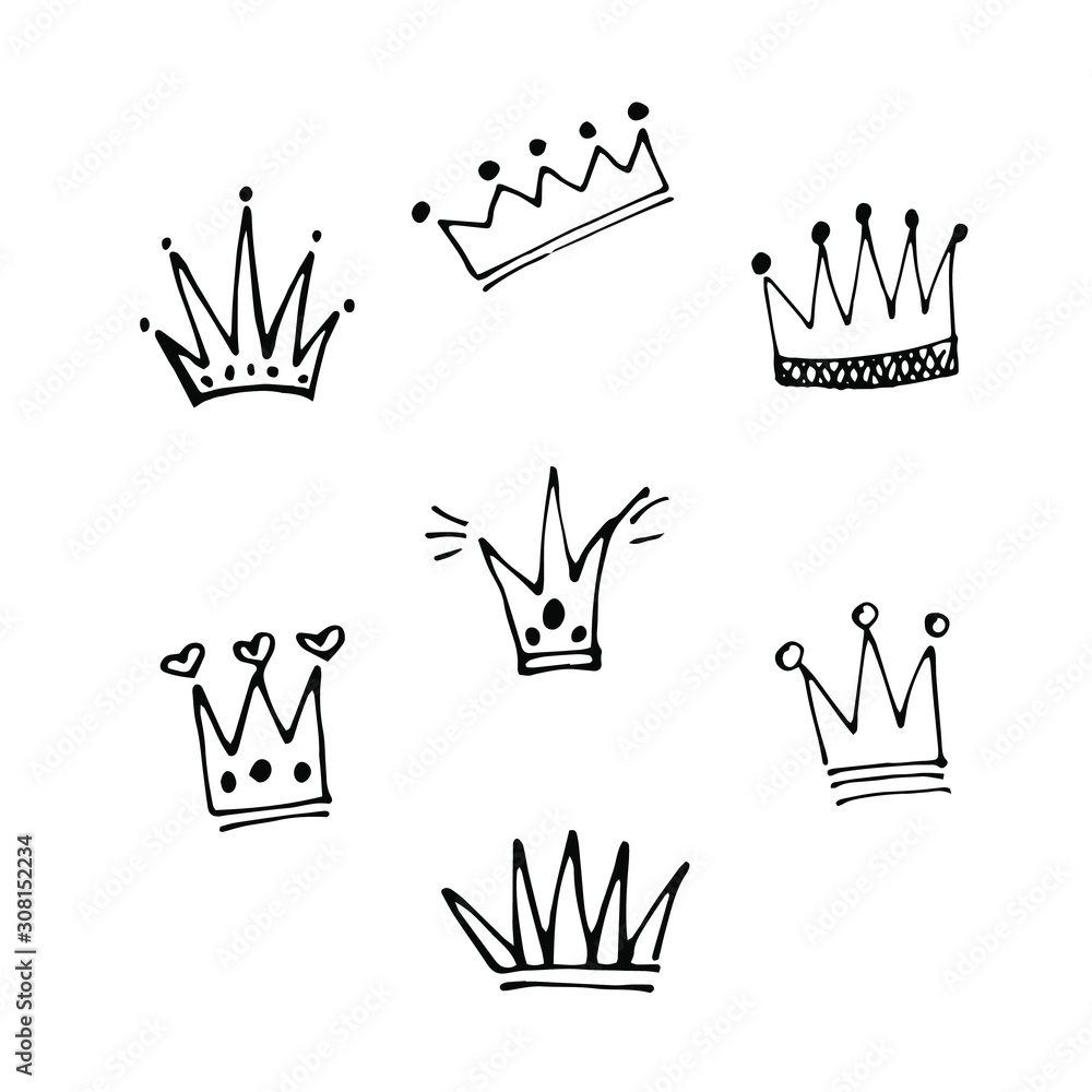 Cute doodle set of princess crown elements. Hand drawn vector illustration. Birthday, New Year's wedding elements for greeting cards, posters, stickers decoration decor. Isolated on white background Cute doodle set of princess crown elements. Hand drawn vector illustration. Birthday, New Year's wedding elements for greeting cards, posters, stickers decoration decor. Isolated on white background