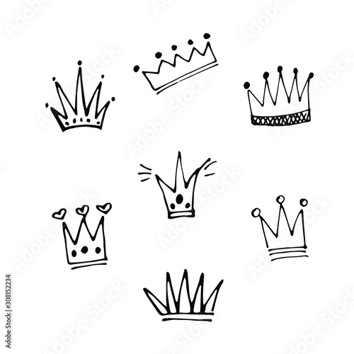 Cute doodle set of princess crown elements. Hand drawn vector illustration. Birthday, New Year's wedding elements for greeting cards, posters, stickers decoration decor. Isolated on white background