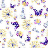 Vector white background rabbits butterflies & flower garden seamless pattern illustration for birthdays fabric, party, event, decoration, gift wrap, scrapbook project, print, wallpaper, textile design