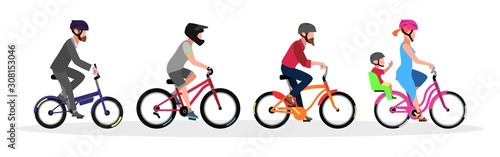 Businessman, guys, woman with child in helmets riding different types and color of bicycles folding, BMX, cruiser, road with baby seat. Vector cartoon set isolated on white background.