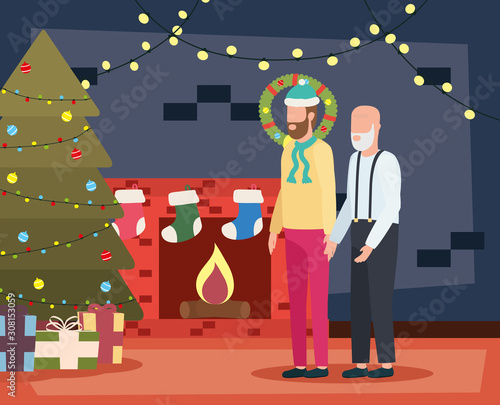 cute grandfather with young son in room christmas decorated
