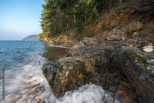 Waves breaking on coastal cliffs on Lake Baikal