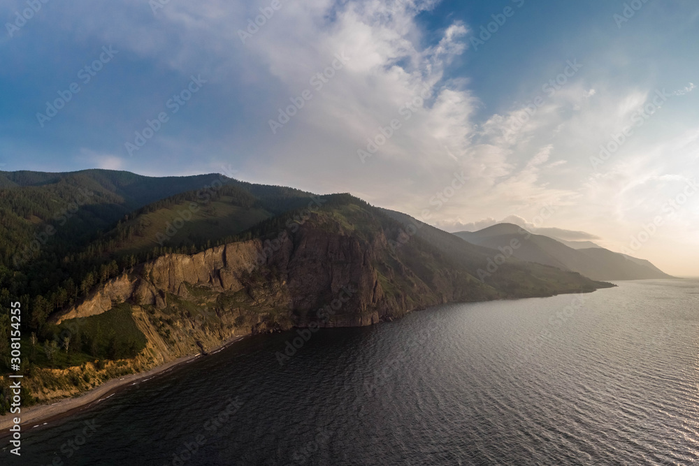 Top view of large rocks on the coast of Lake Baikal