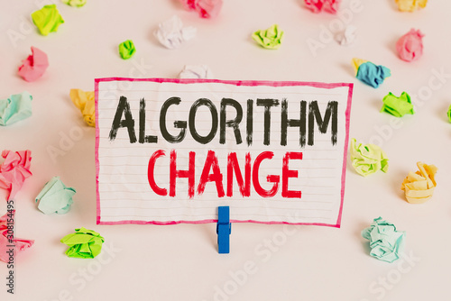 Handwriting text writing Algorithm Change. Conceptual photo change in procedure designed to perform an operation Colored crumpled papers empty reminder white floor background clothespin © Artur