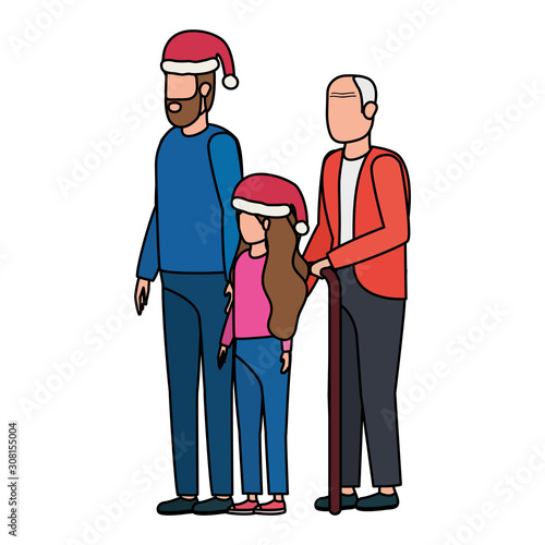 cute grandfather with young son and granddaughter using christmas hat