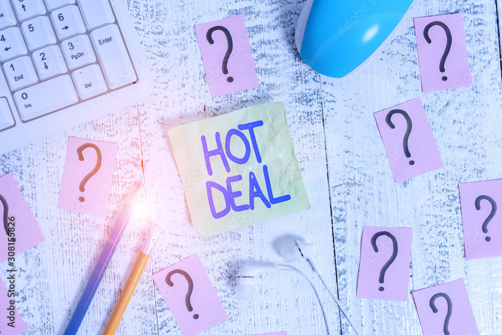 Word writing text Hot Deal. Business photo showcasing An agreement through which one of the paties is offered and accept Writing tools, computer stuff and scribbled paper on top of wooden table Word writing text Hot Deal. Business photo showcasing An agreement through which one of the paties is offered and accept Writing tools, computer stuff and scribbled paper on top of wooden table