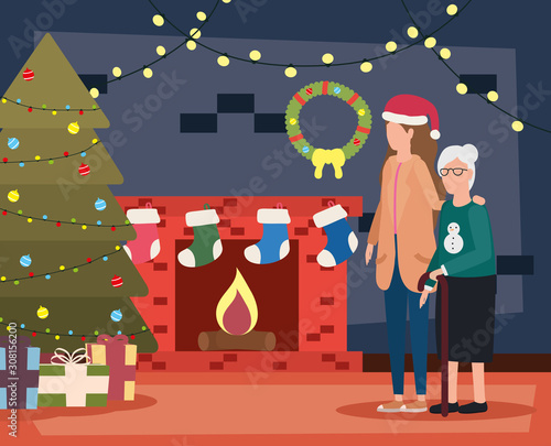 cute grandmother with daughter in room christmas decorated