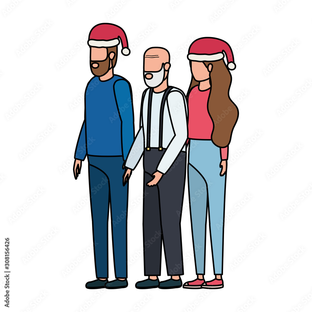 cute grandfather with young couple using christmas hat