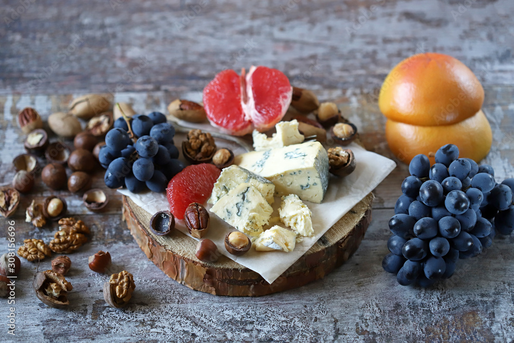 Blue cheese with nuts and fruits. Cheese appetizer. Keto diet. Keto Set