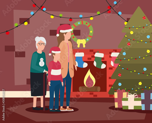grandmother with daughter and grandson in room christmas decorated