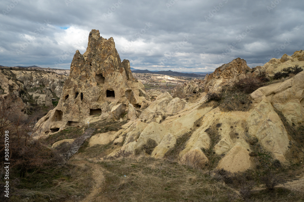 Landscape of Cappadocia around the town of Uchisar in Turkey with its famous caves