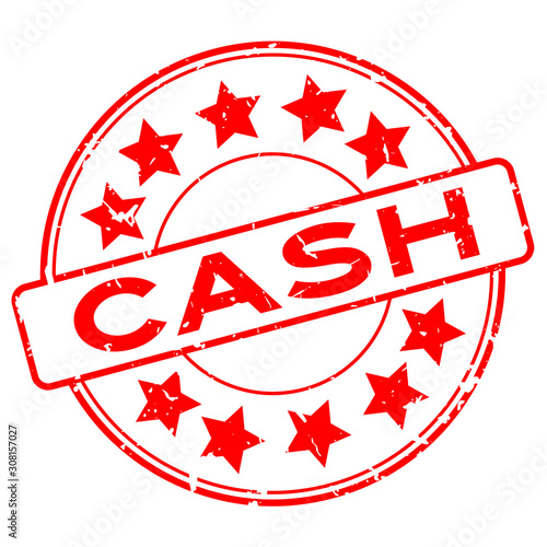 Grunge red cash word with star icon round rubber seal stamp on whtie backgroudn