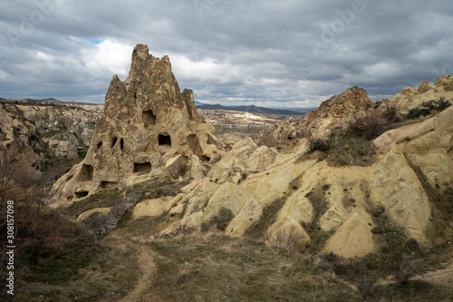 Landscape of Cappadocia around the town of Uchisar in Turkey with its famous caves