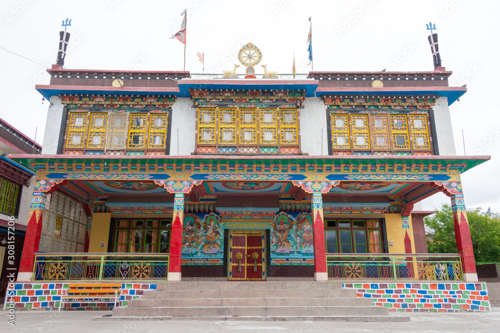 Ladakh, India - Jun 25 2019 - Karma Dupgyud Choeling Monastery in Choglamsar, Ladakh, Jammu and Kashmir, India. Ladakh, India - Jun 25 2019 - Karma Dupgyud Choeling Monastery in Choglamsar, Ladakh, Jammu and Kashmir, India.