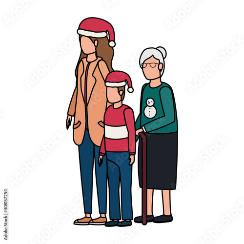 grandmother with daughter and grandson using christmas hat